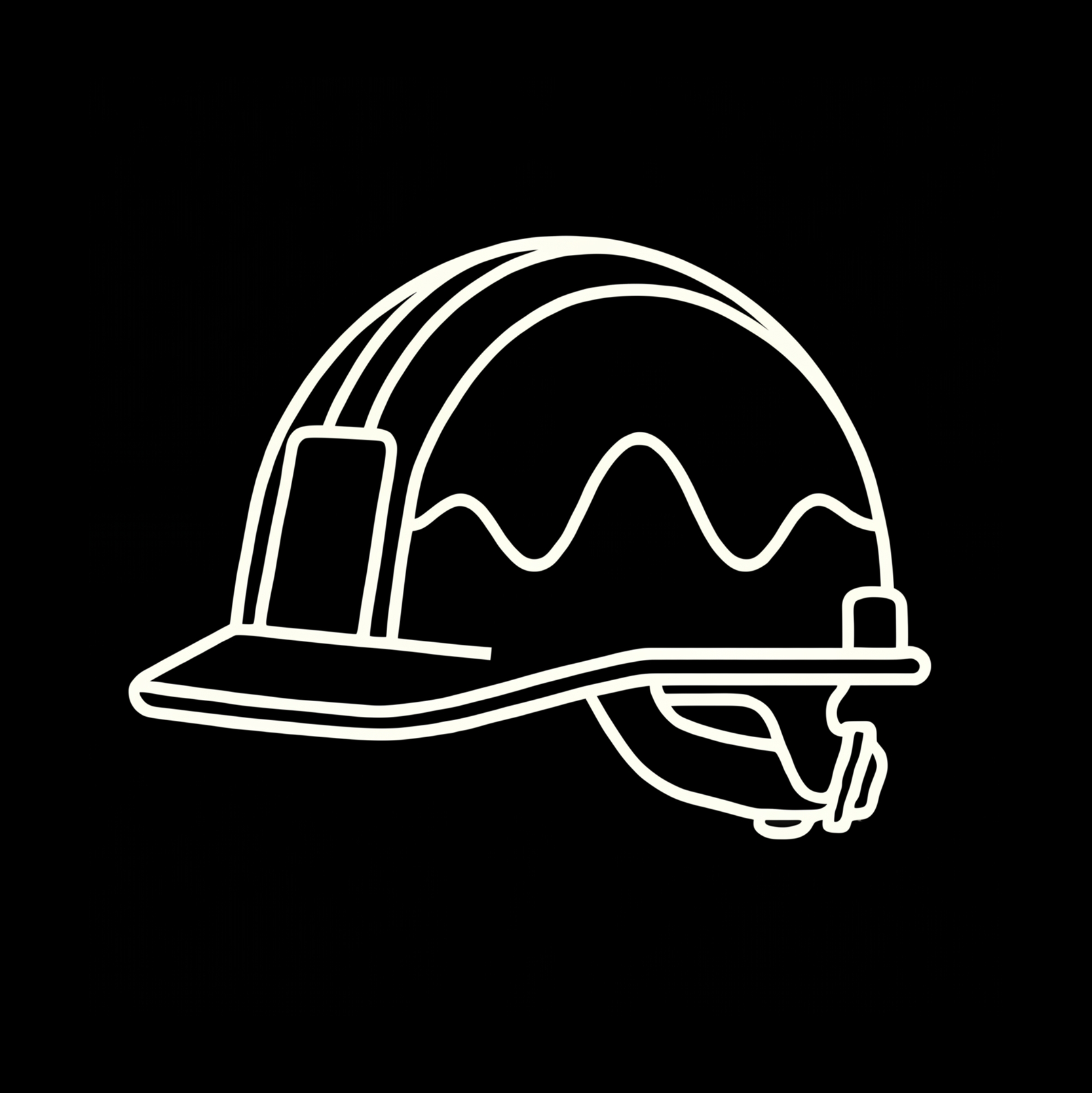 Neon sign of a safety helmet with a chin strap on a black background.