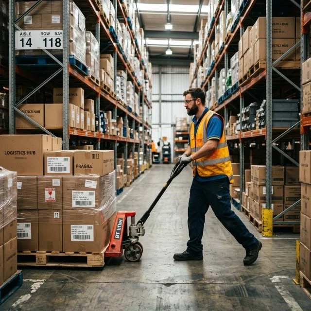 A man wearing a safety vest and gloves is using a pallet jack to move boxes in a warehouse aisle filled with shelves of packaged goods.