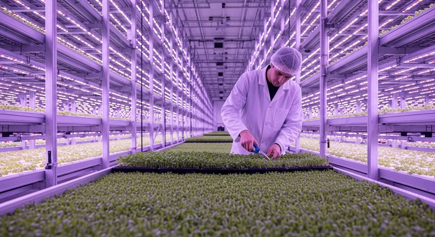 A scientist in a white lab coat and hairnet inspecting plants in a large indoor greenhouse with purple lighting.