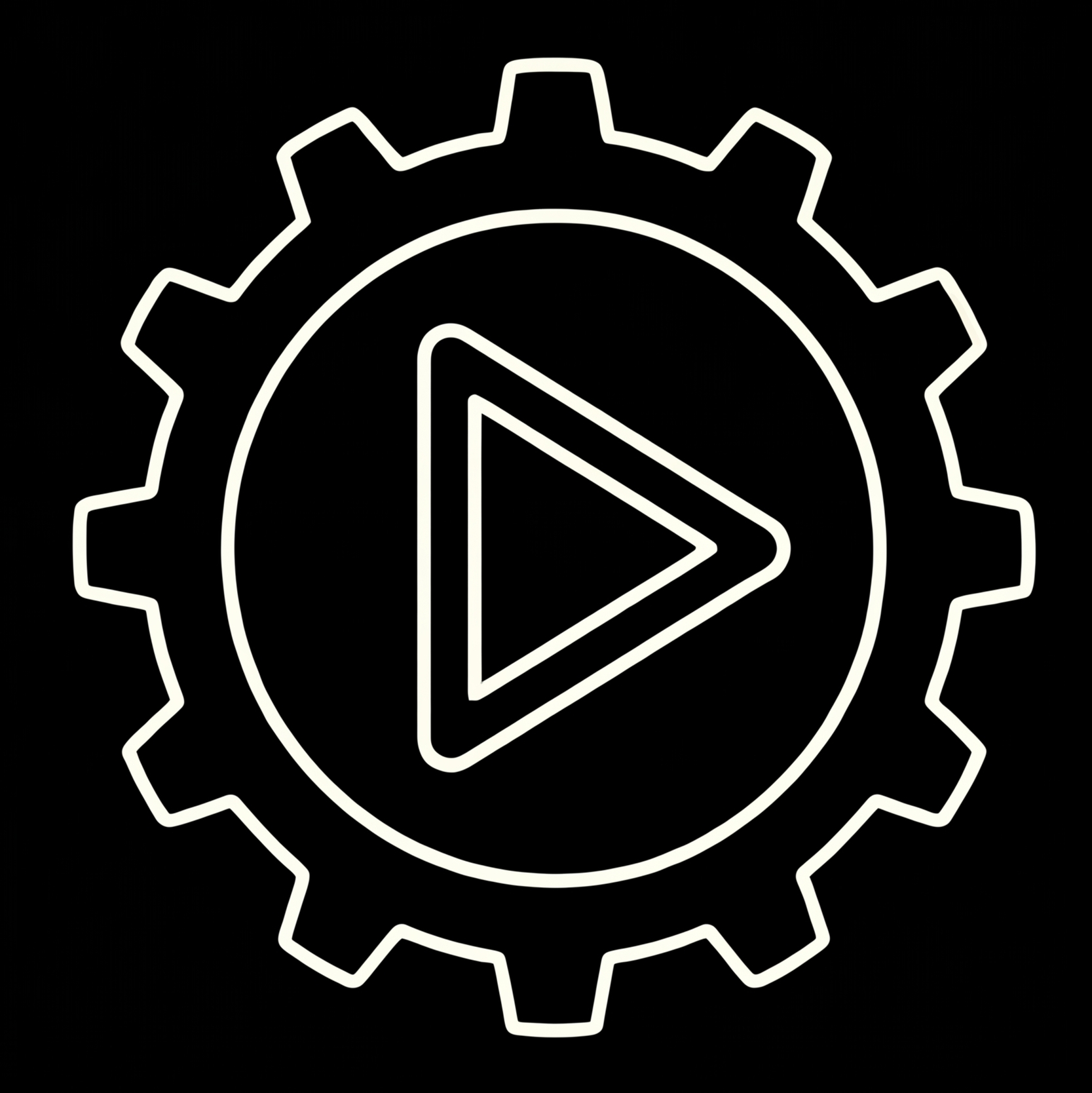 Neon outline of a gear with a play button inside it on a black background.