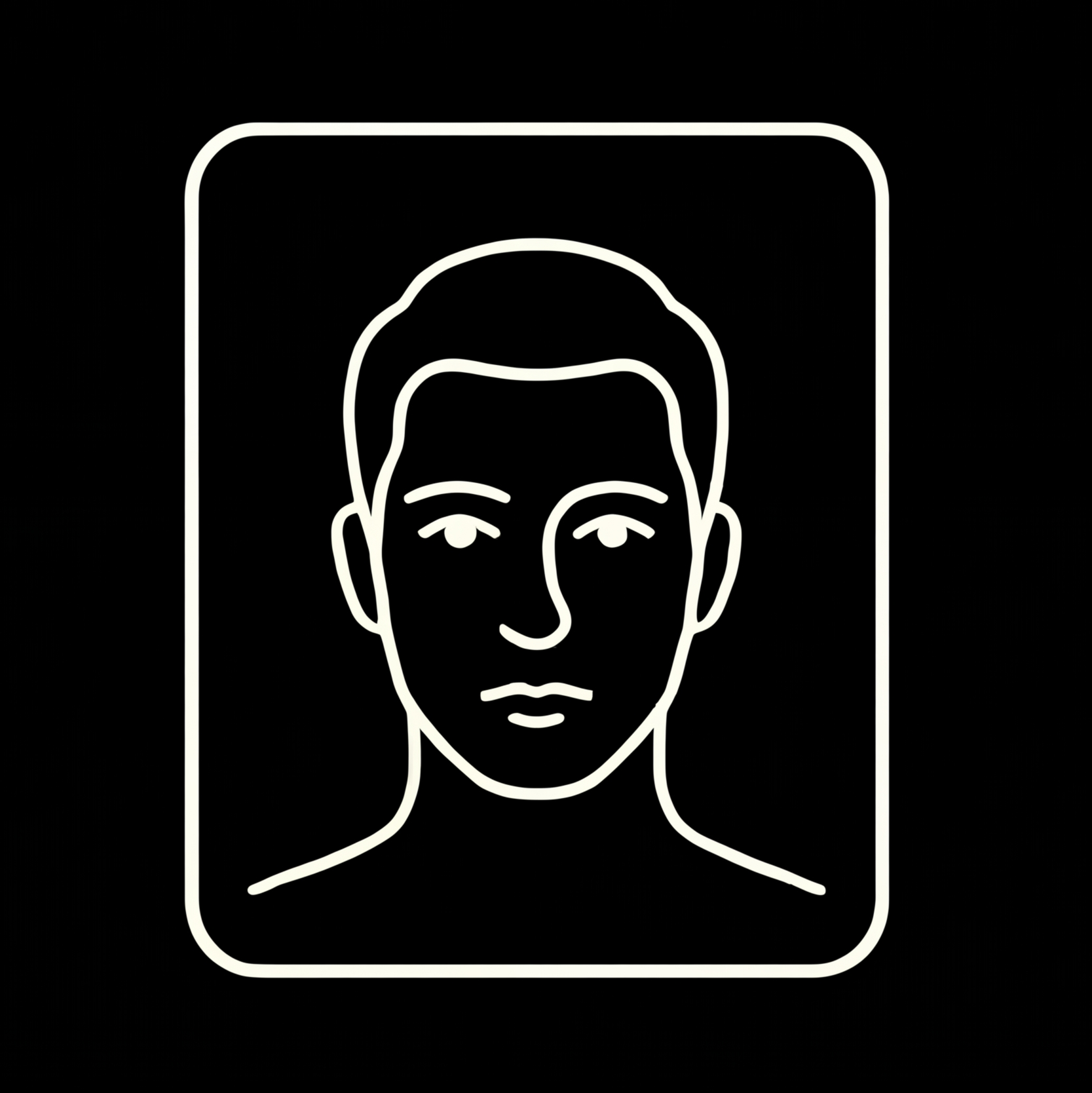 Minimalist digital line art of a person's face, with long hair and defined facial features, inside a smartphone outline on a black background.