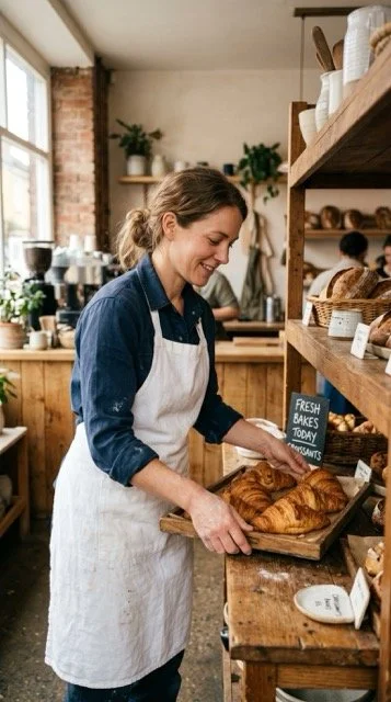 A woman in a denim shirt and white apron running a bakery, placing croissants on a tray in a cozy, rustic bakery with wooden shelves and natural light.