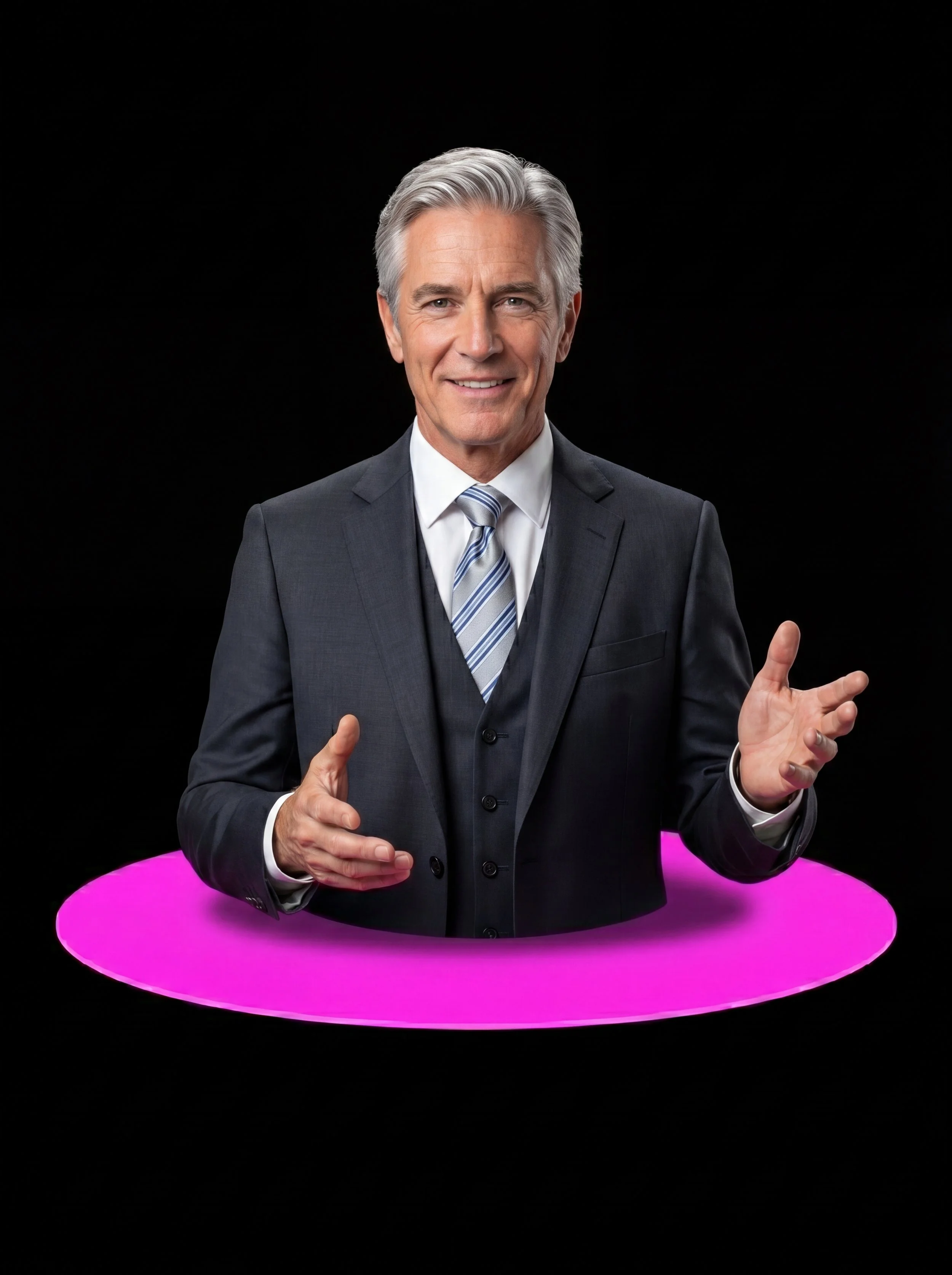 A man in a suit standing behind a pink glowing table, with a black background.