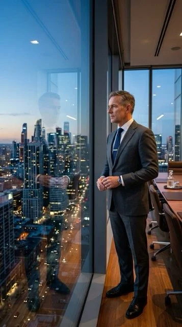 Businessman in a suit looking out the window at a city skyline during evening.