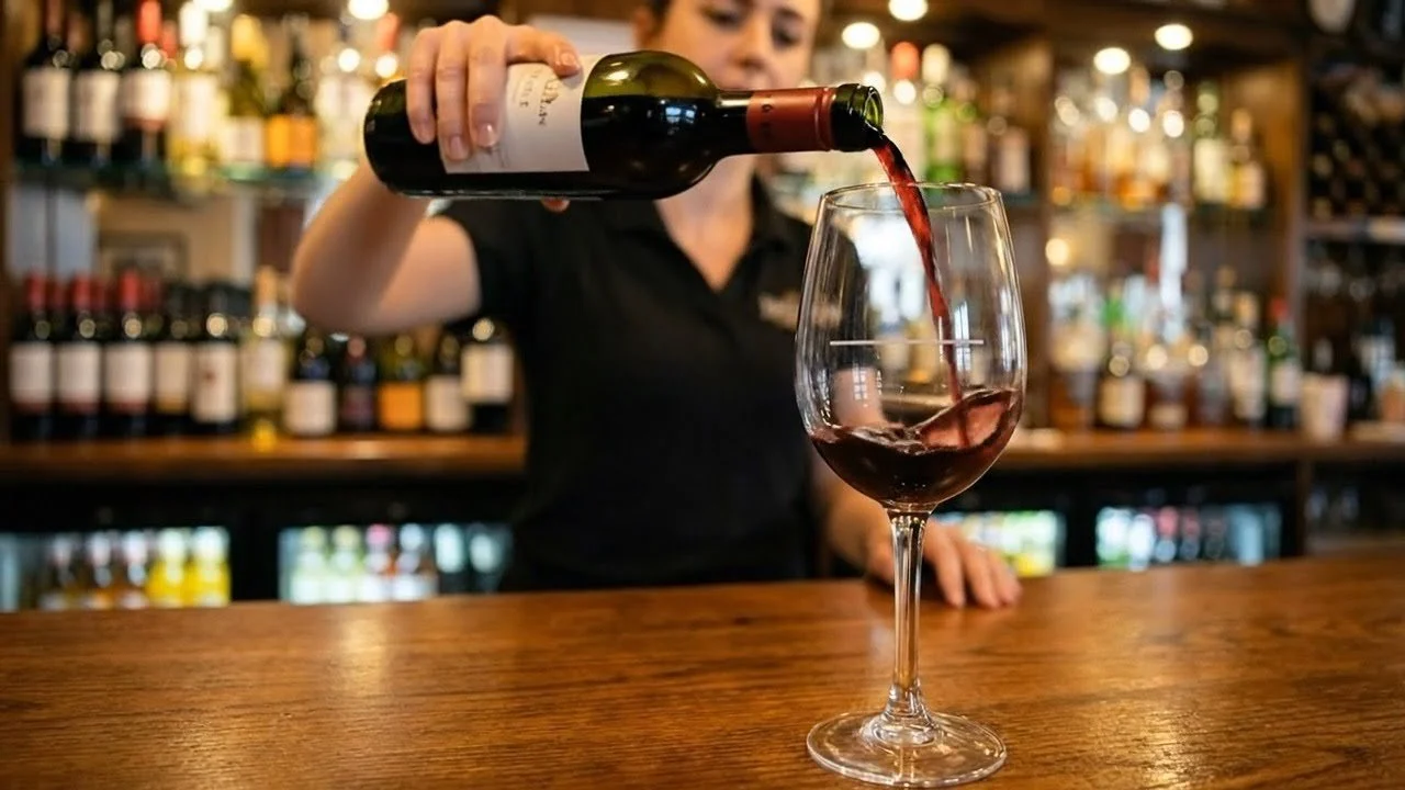 Person pouring red wine into a wine glass at a bar
