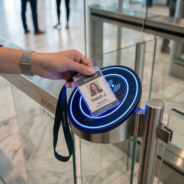 A person holds a clear badge with a photo and name 'Sarah J.' over a contactless access scanner at a secure entry point in a building.
