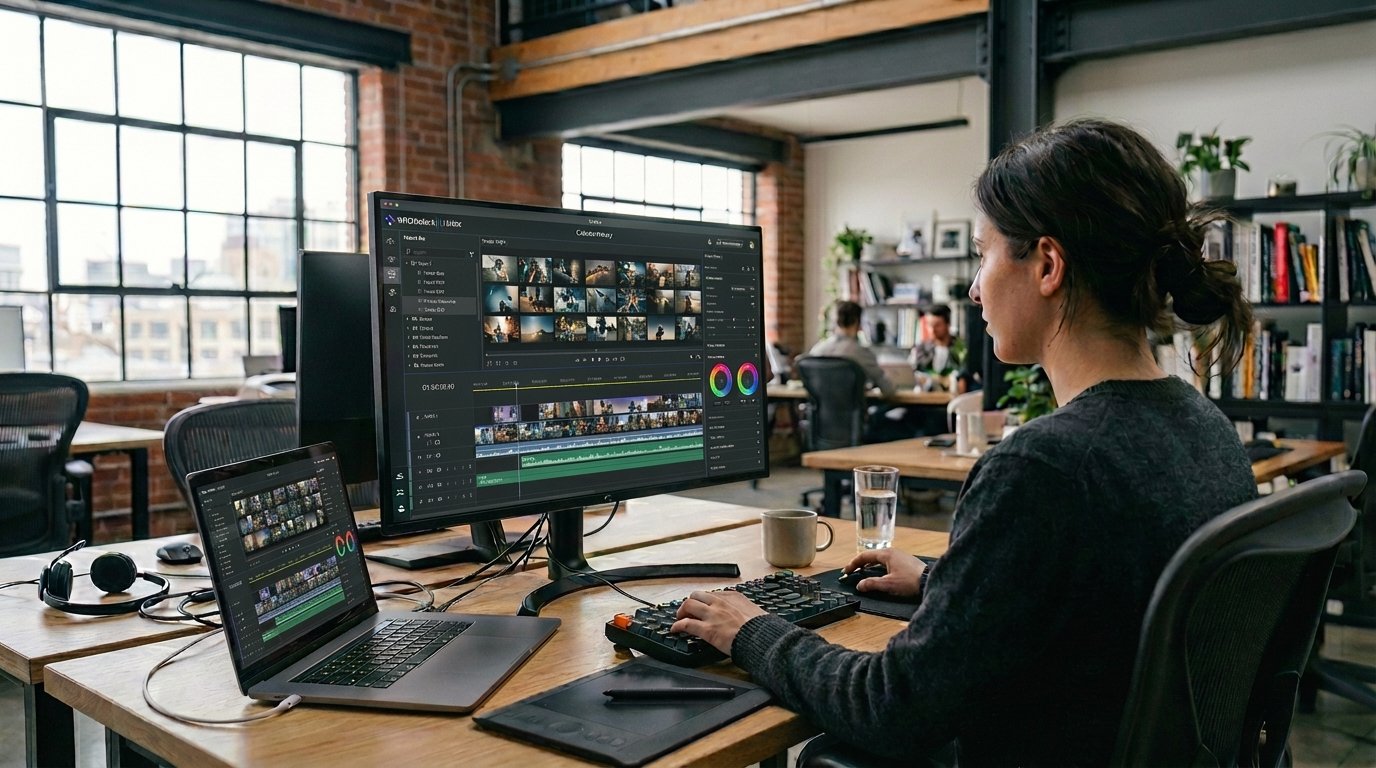 Woman working on video editing at a desk in an office with large windows and exposed brick walls. She is using a desktop monitor, a laptop, and a graphics tablet.