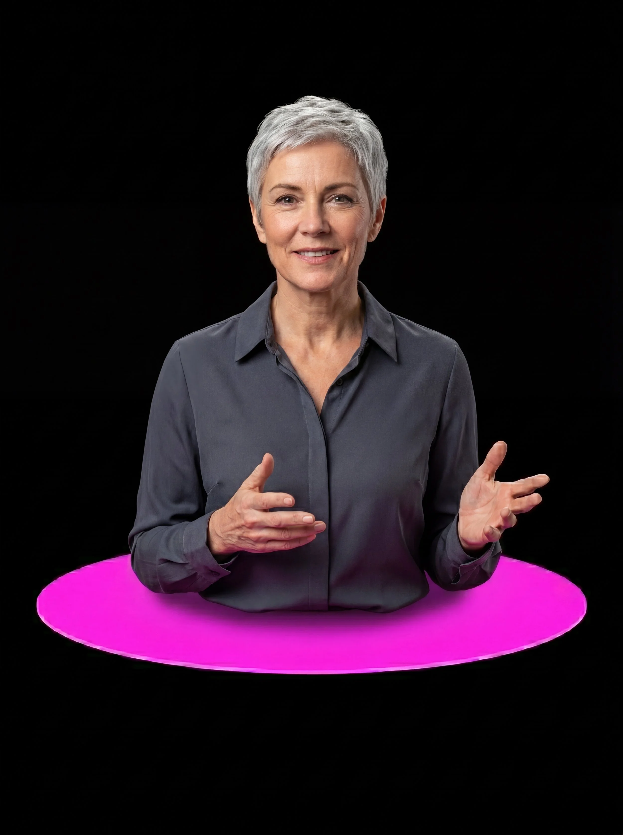 A woman with short gray hair wearing a dark gray shirt, standing behind a glowing pink circle, gesturing with her hands, against a black background.