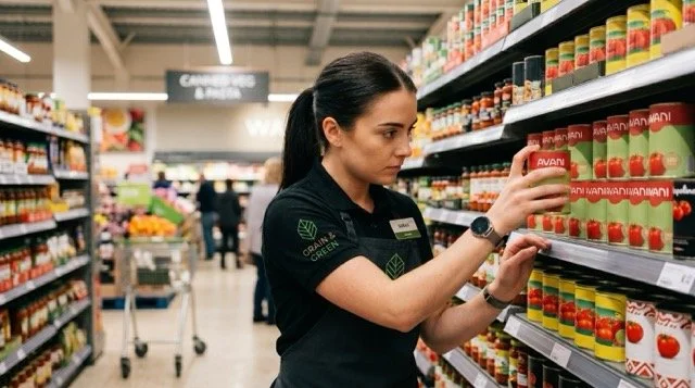 A woman in a grocery store aisle selecting a jar of food from the shelf.
