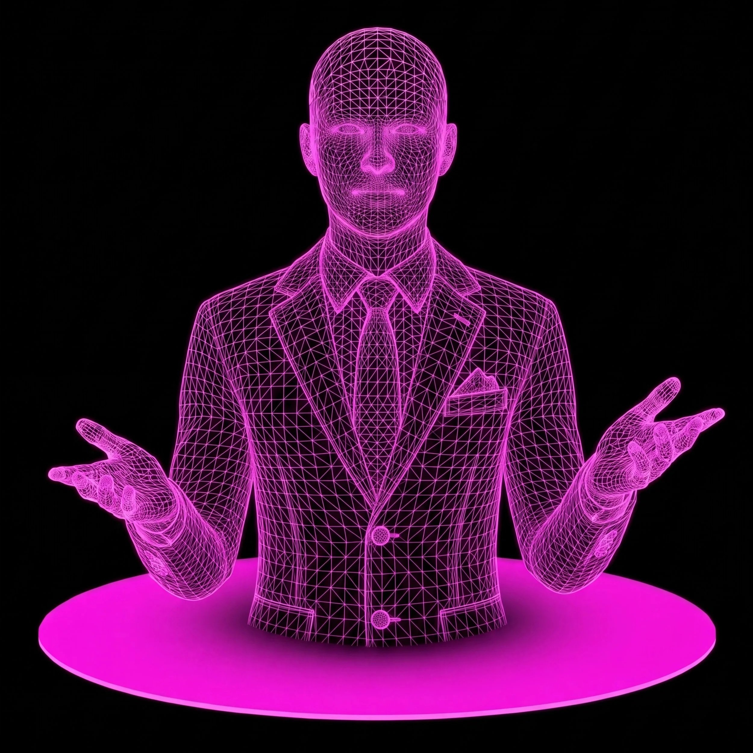 Digital wireframe of a man in a suit, with arms open, standing at a circular platform, depicted in purple neon against a black background.