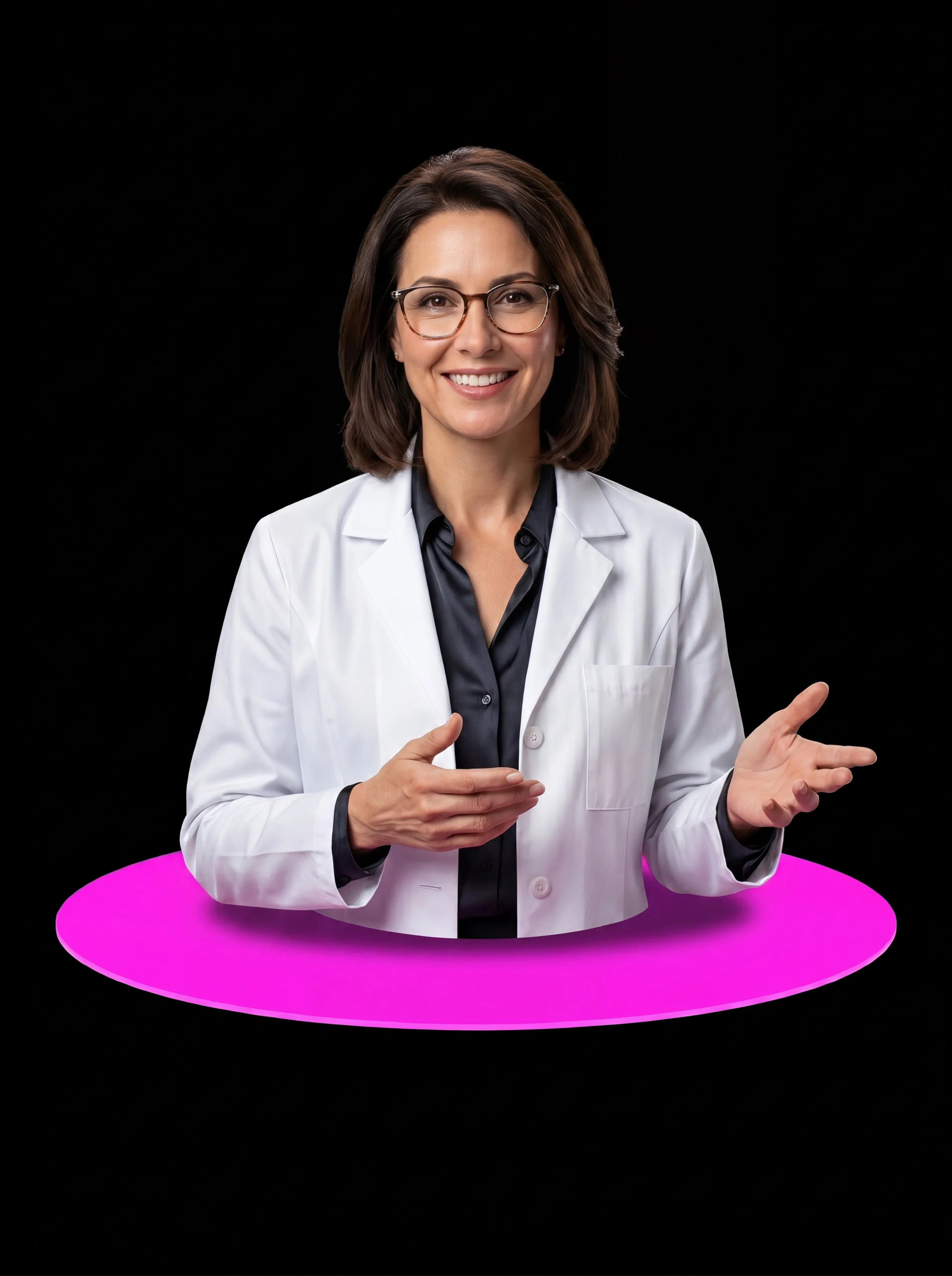 A woman with glasses and shoulder-length brown hair, dressed in a white lab coat and black shirt, smiling and gesturing with her hands, with a glowing pink ring around her waist against a black background.