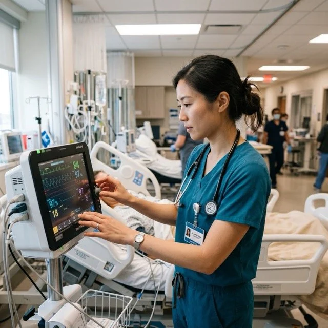 A nurse in blue scrubs operating a patient monitor in a hospital room, with beds and other medical staff in the background.