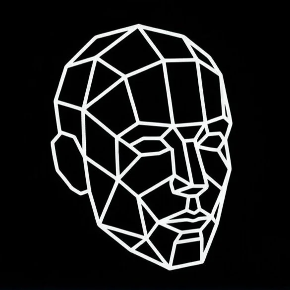 Line art illustration of a human face in geometric style with white lines on a black background.