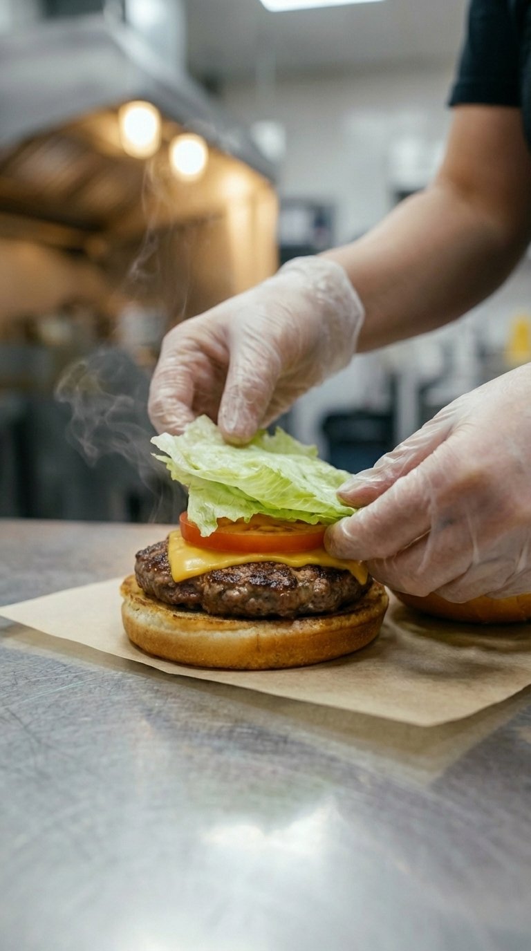 Someone wearing gloves assembling a cheeseburger with lettuce, tomato, cheese, and a beef patty on a bun in a kitchen.