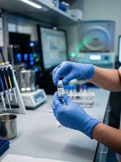 Person wearing blue gloves handling a small vial in a laboratory setting with medical equipment and a computer monitor in the background.
