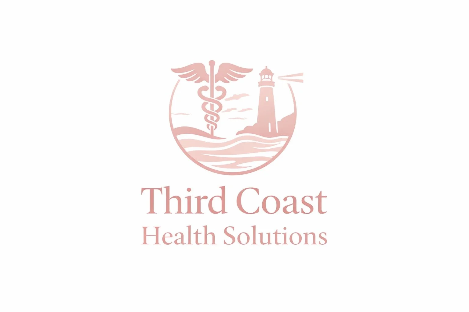 Logo of Third Coast Health Solutions featuring a lighthouse, a lighthouse beam, a medical caduceus, waves, and a sunset or sunrise background in pink tones with the company name below.