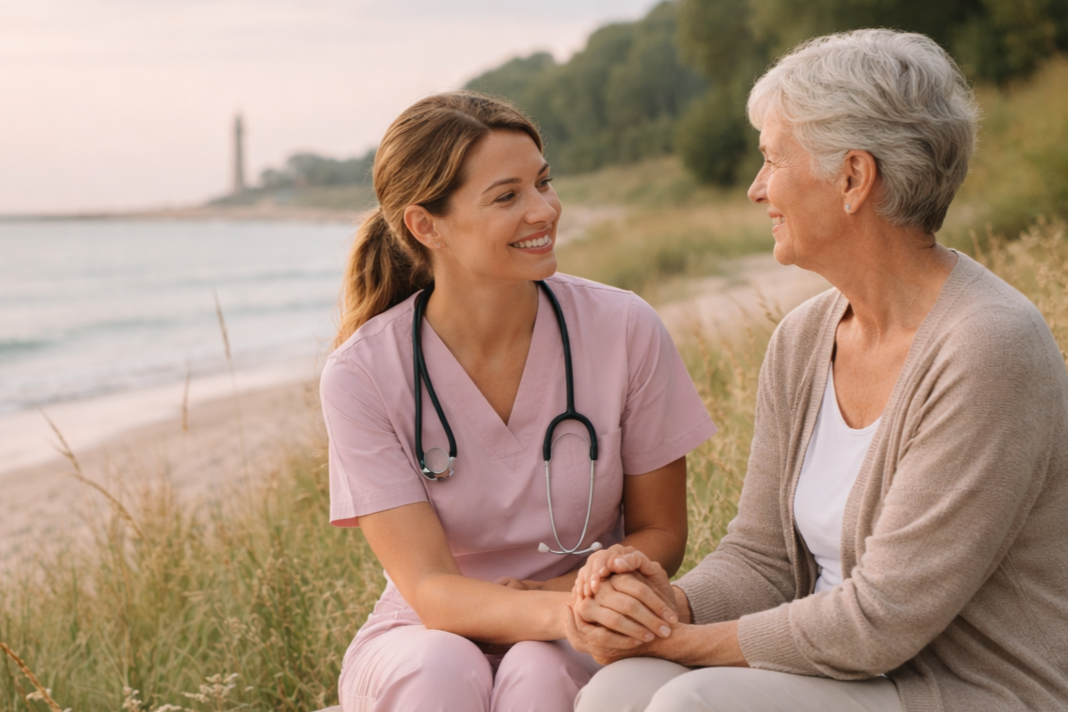 A young nurse in pink scrubs with a stethoscope talking to an elderly woman on a beach at sunset.