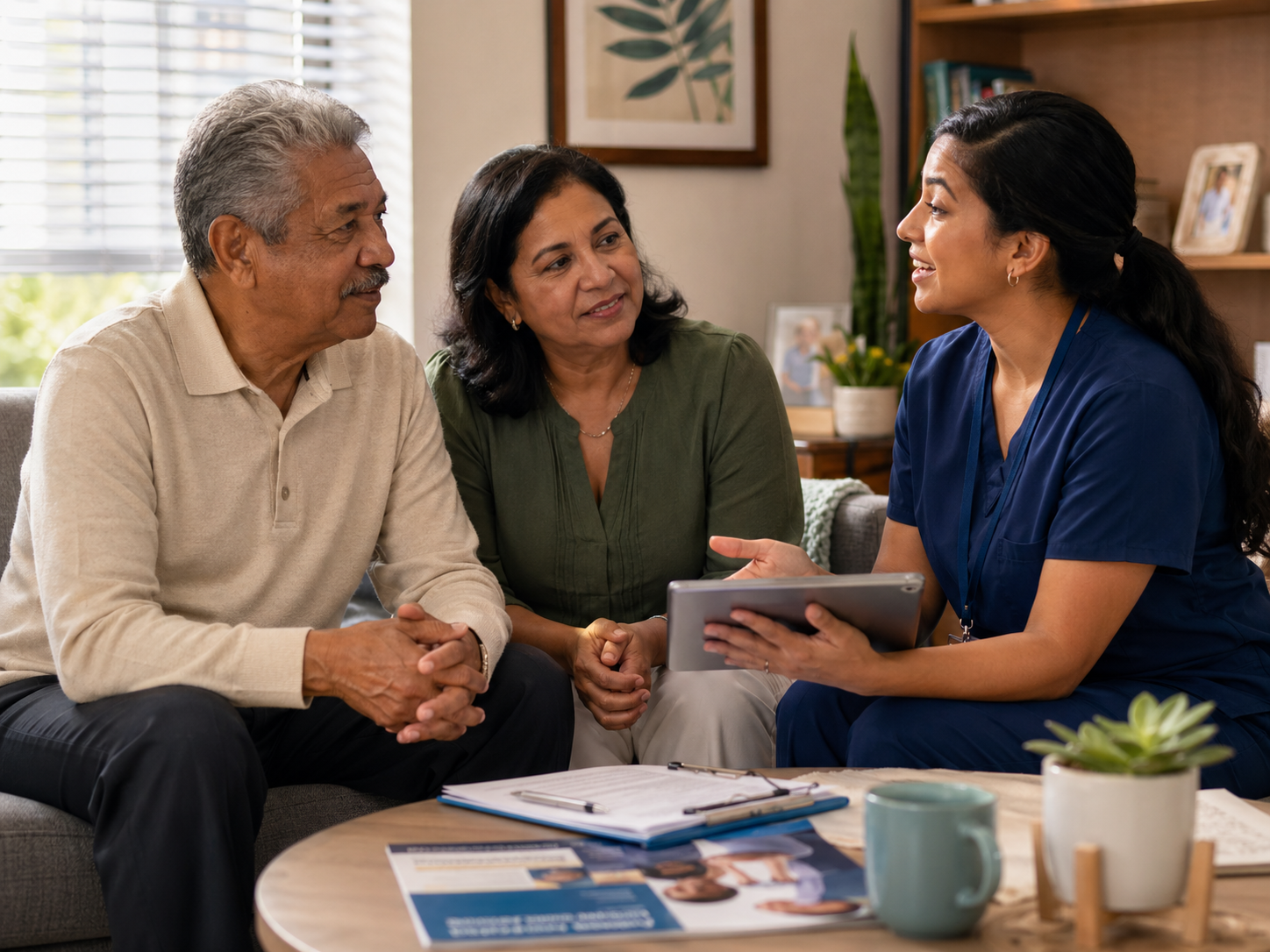 Healthcare nurse consulting elderly Asian couple in living room with files and tablet.