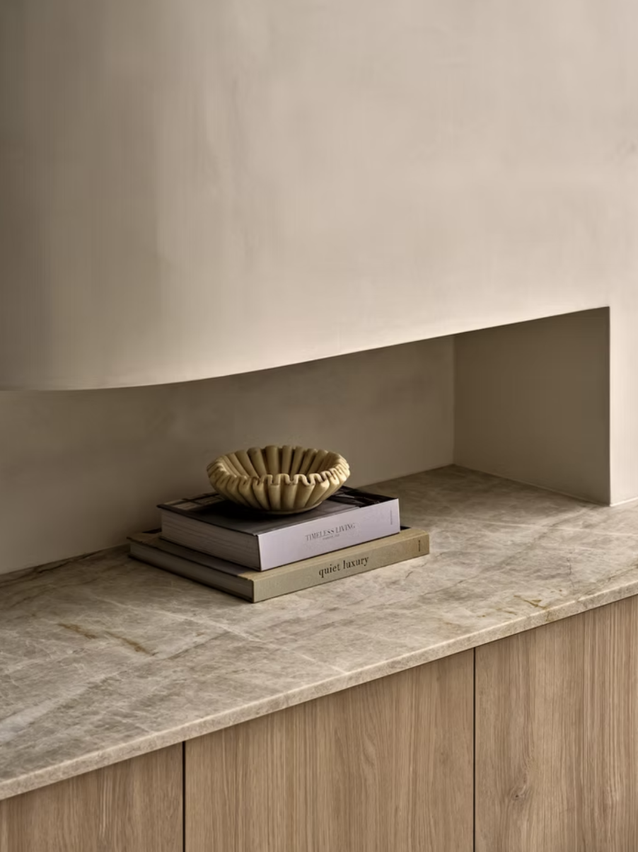 Matte mineral plaster interior with a soft low-sheen finish
