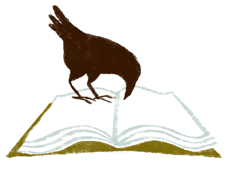 an open book with a raven sitting on top of the book.