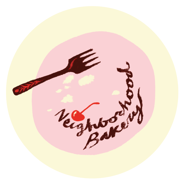 Logo for Neighborhood Bakery featuring a fork with a heart-shaped cherry and the bakery's name in cursive