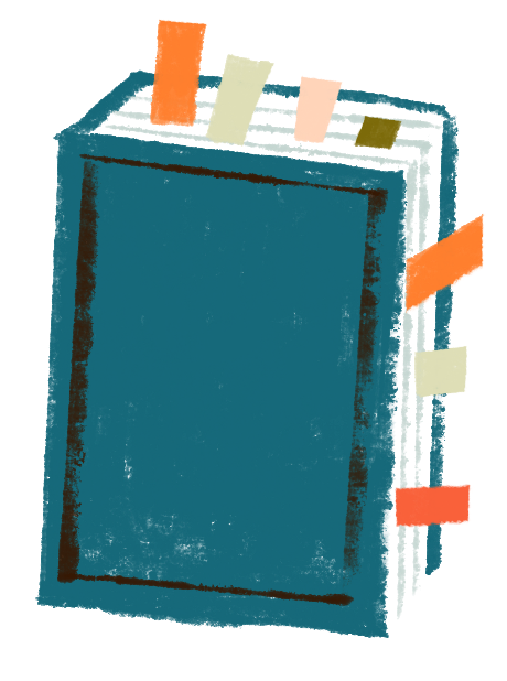 A closed blue book with several colorful sticky notes sticking out from its pages.