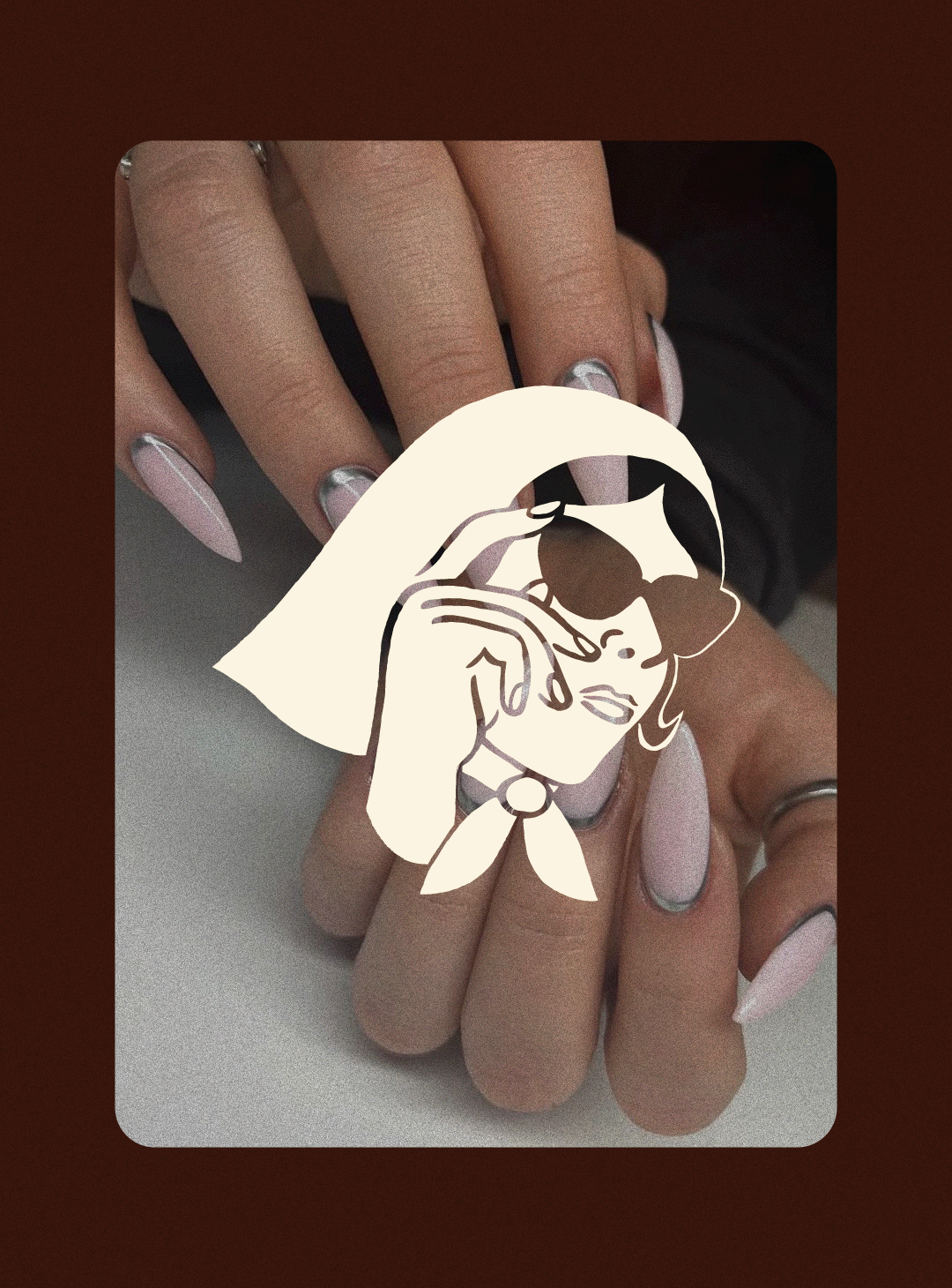 Close-up of hands with manicured nails, holding a phone. An illustrated graphic of a woman with retro hairstyle, sunglasses, and a neck scarf is superimposed over the image.