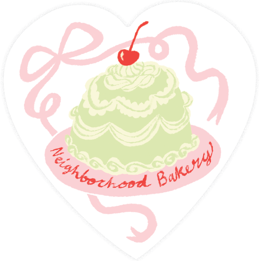 A heart-shaped logo with a pink cupcake topped with whipped cream, a cherry, and a pink ribbon. The text "Neighborhood Bakery" is written in red below the cupcake.
