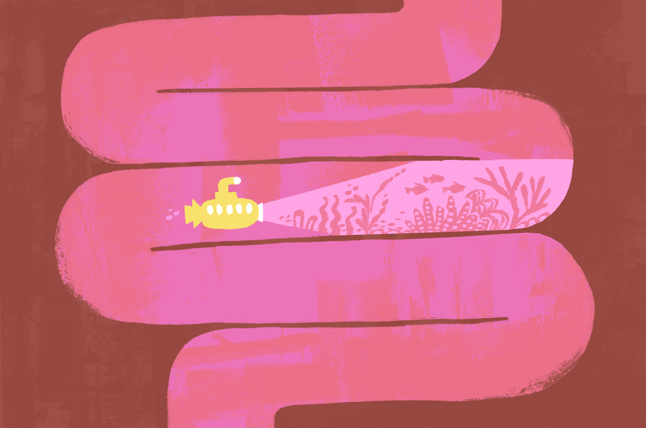 Colorful abstract art with pink shapes, a yellow spider-like creature, and botanical designs on a pink background.