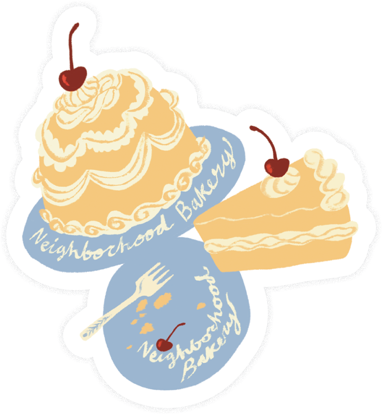 A sticker featuring images of a cherry-topped cheesecake and a slice of cheesecake, with the phrases "Neighborhood Bakery" written on the dessert plates and utensils.