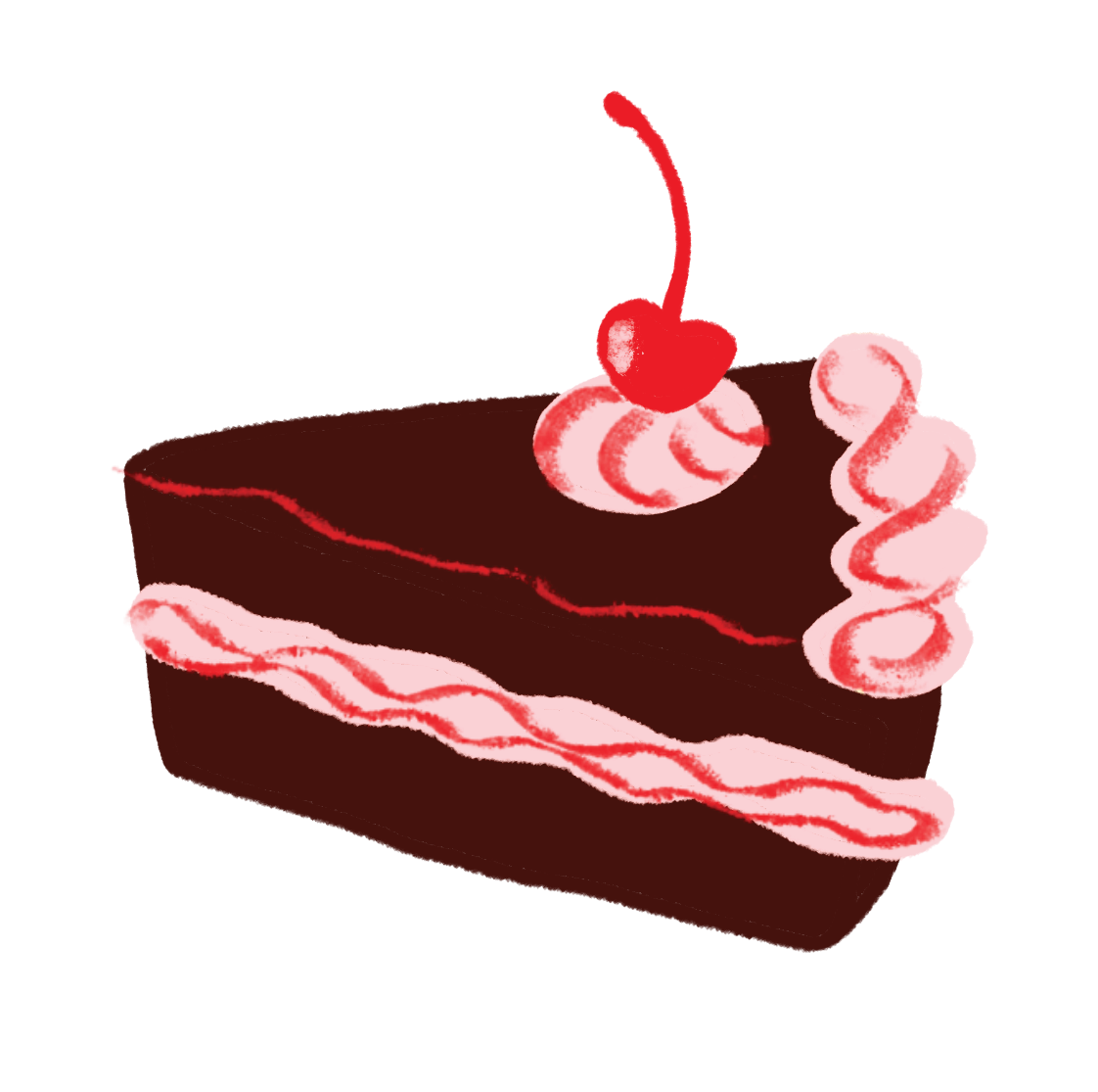 Drawing of a slice of chocolate cake with pink frosting, and a cherry on top, with whipped cream garnishes.