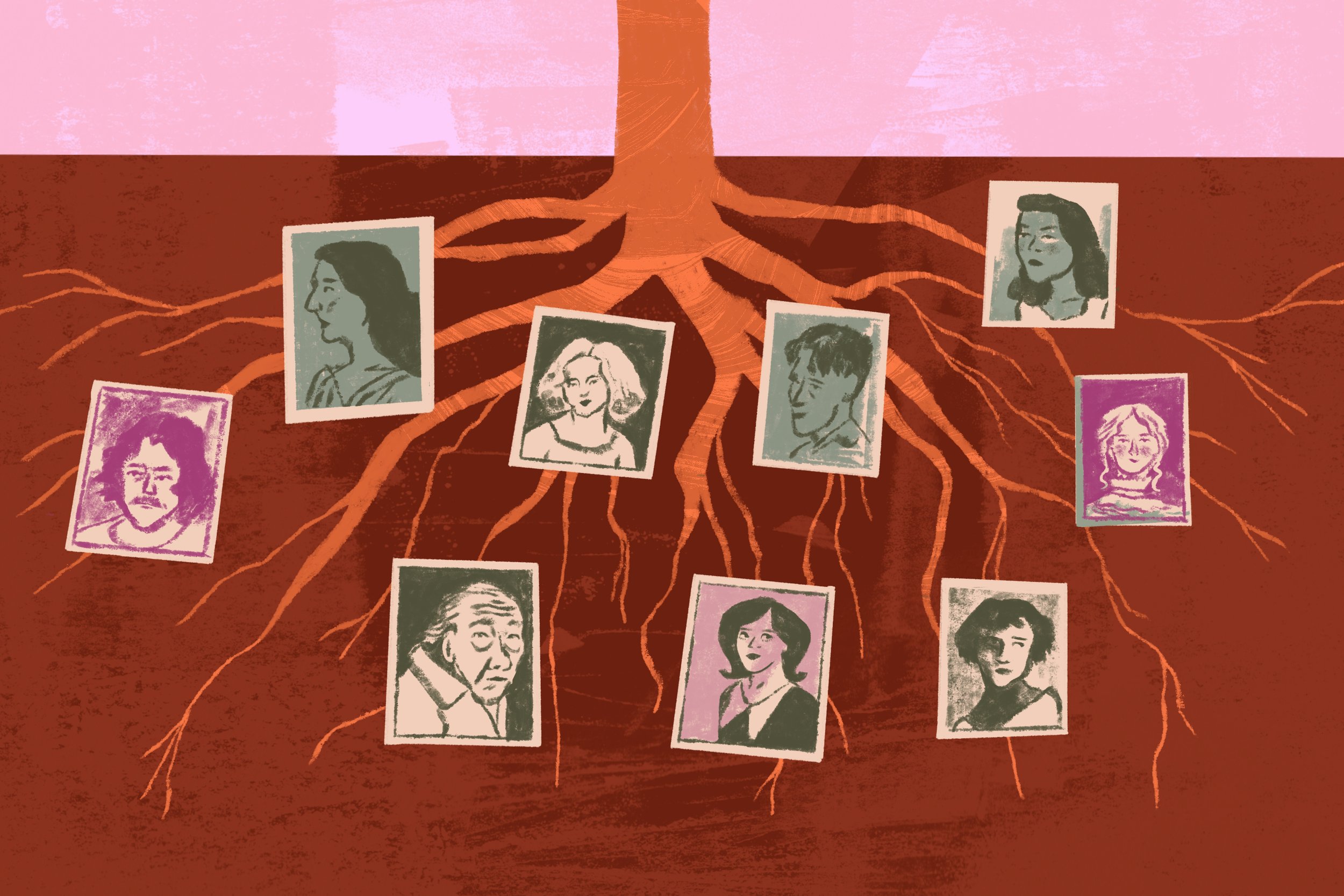 Illustration of tree roots underground with black and white portraits of various people attached to the roots, representing family or ancestral lineage.