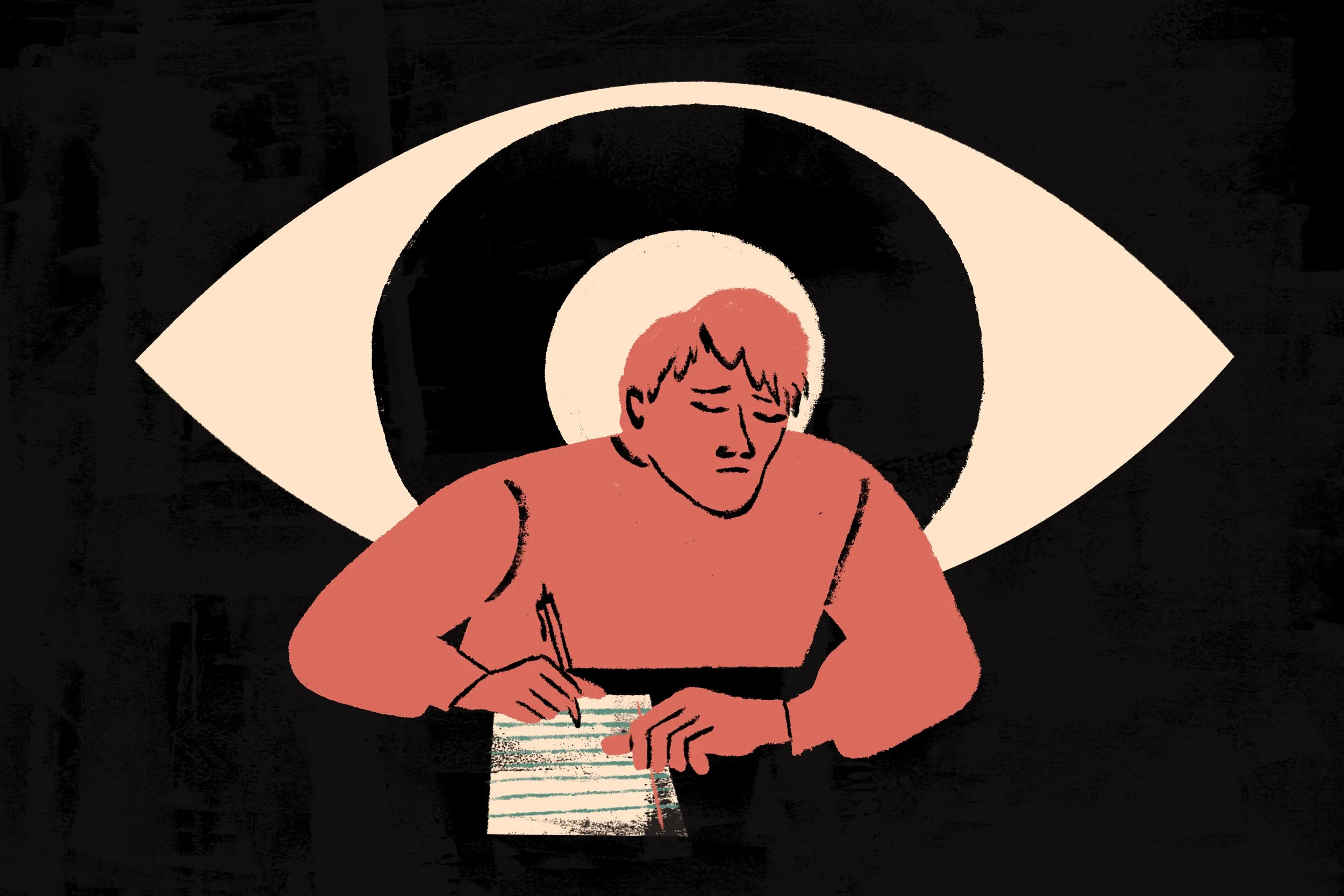 A drawing of a person with short hair sitting at a table, writing with a pen or pencil. Behind them, a large eye symbol with a circle in the center and two curved shapes on the sides. The background is black.