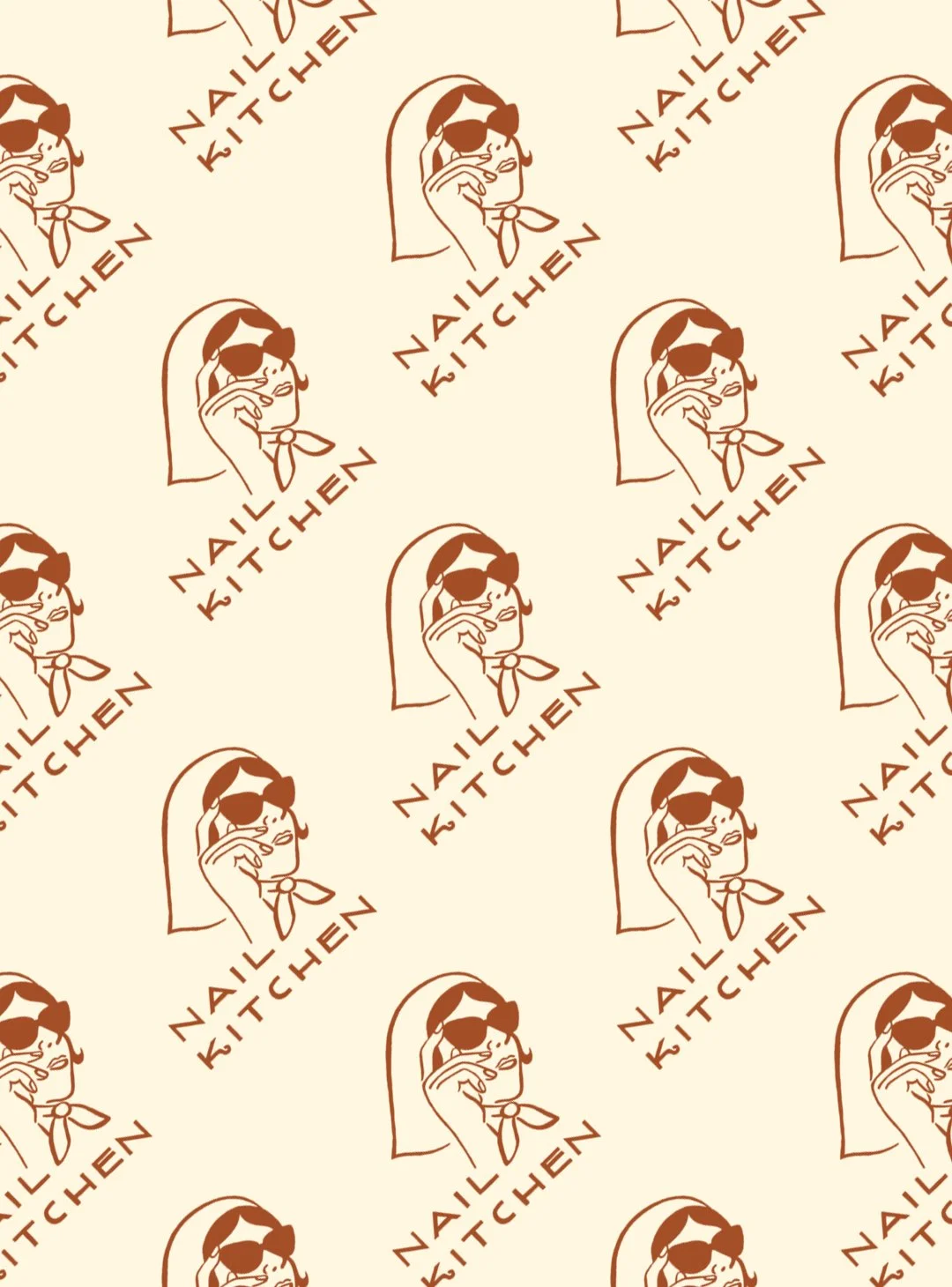 Repeating pattern of a stylized woman wearing sunglasses and a bandana, with the text 'Nail Kitchen' in a handwritten font.