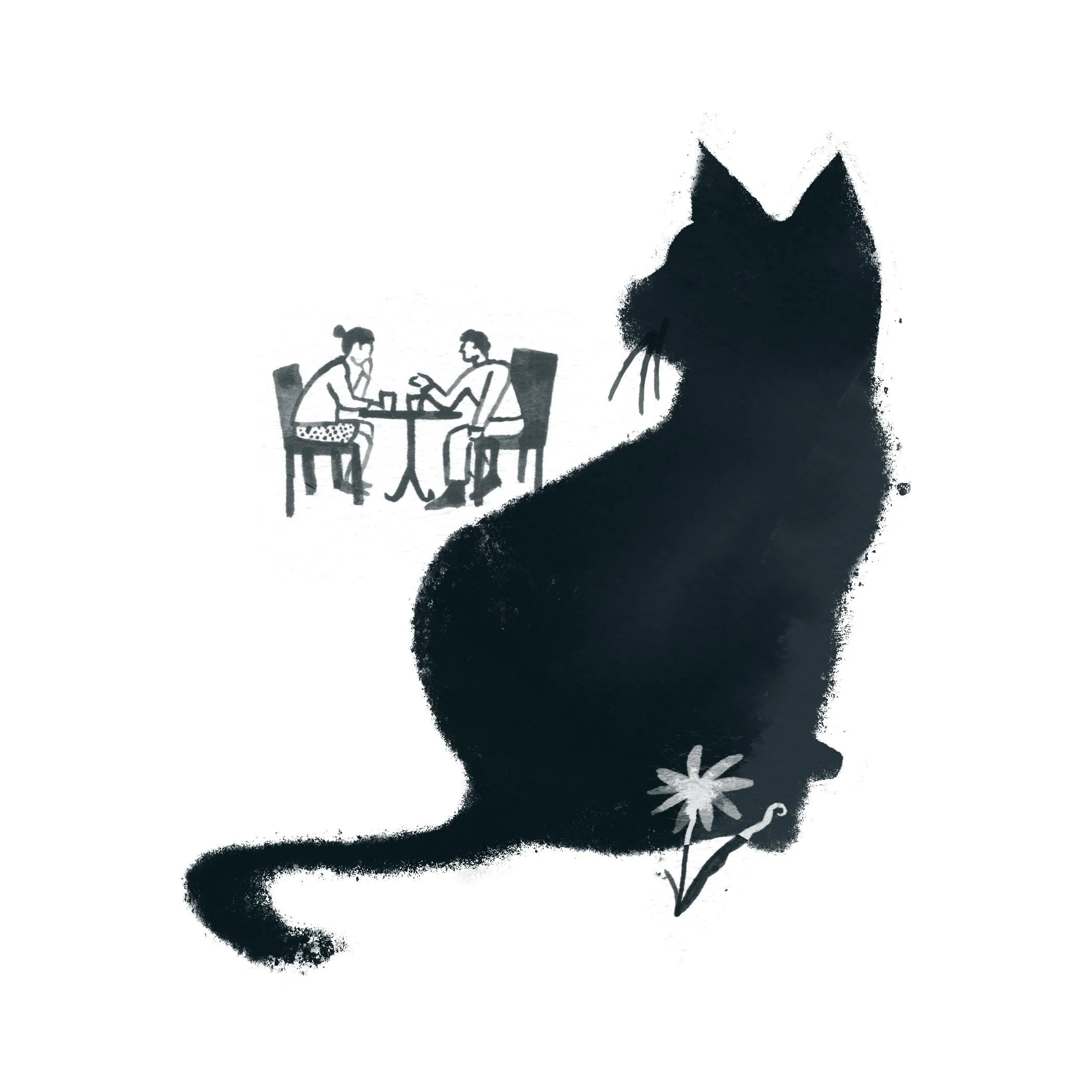Silhouette of a large black cat with pointed ears and bushy tail, with a white flower and a small plant on the ground below, alongside a sketch of two people sitting at a table.