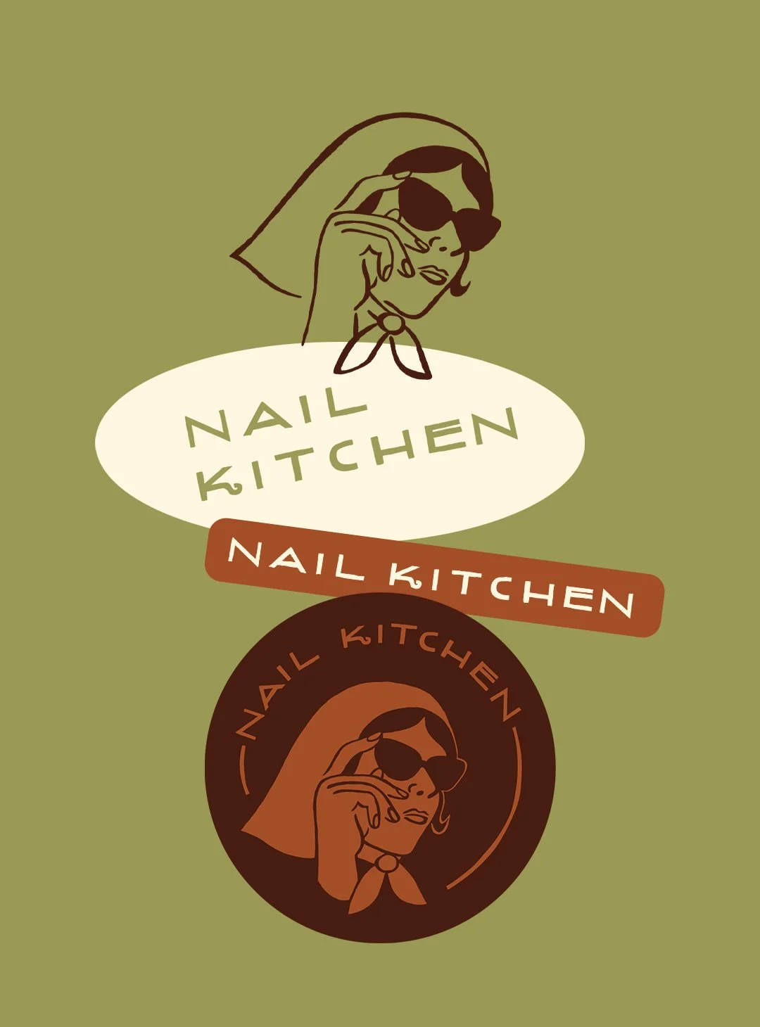 A logo for Nail Kitchen featuring a stylized woman with sunglasses and a bandana, with the text 'NAIL KITCHEN' in different styles on three separate labels.
