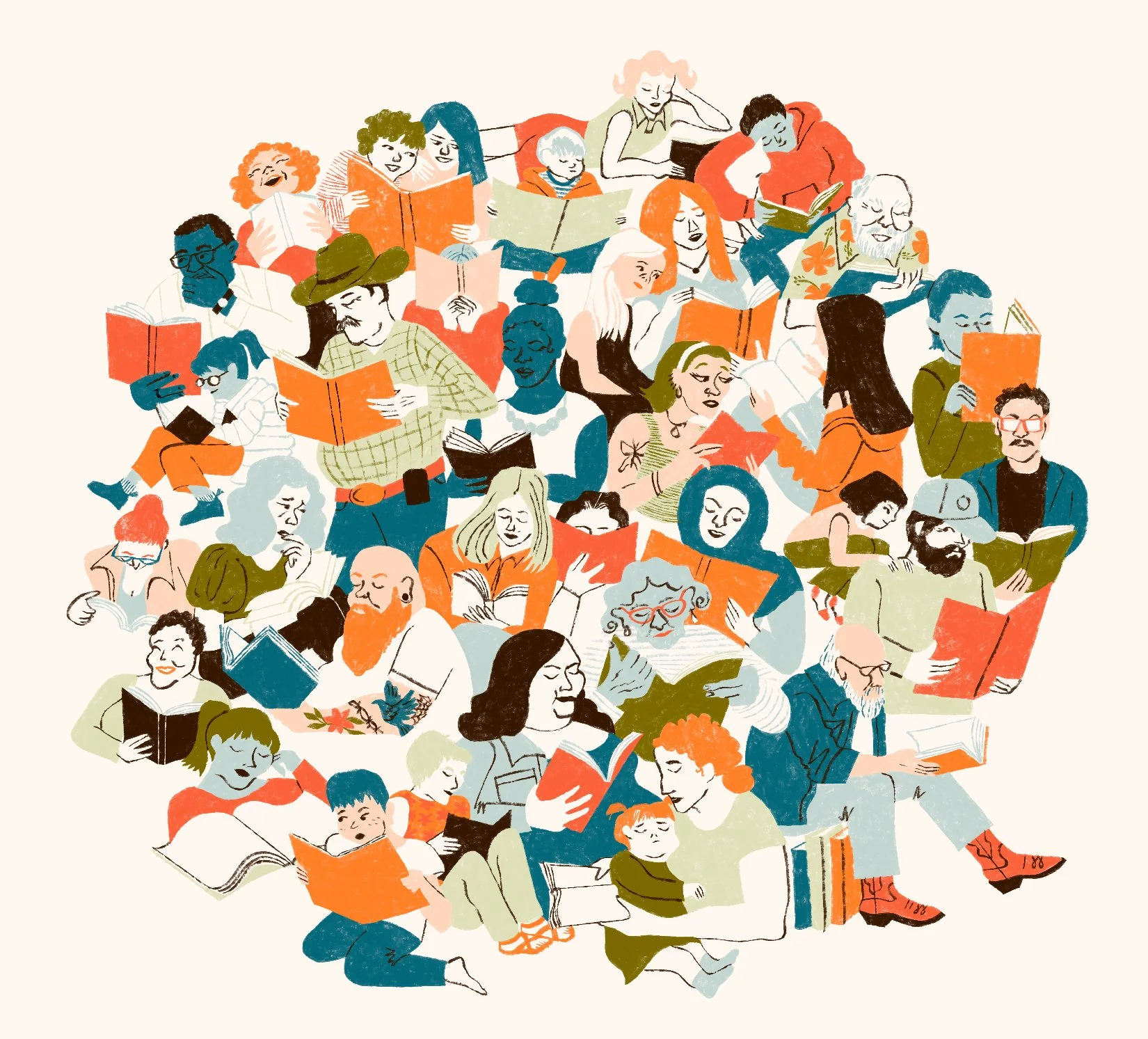 Illustration of a diverse group of people reading books, forming the shape of a globe.