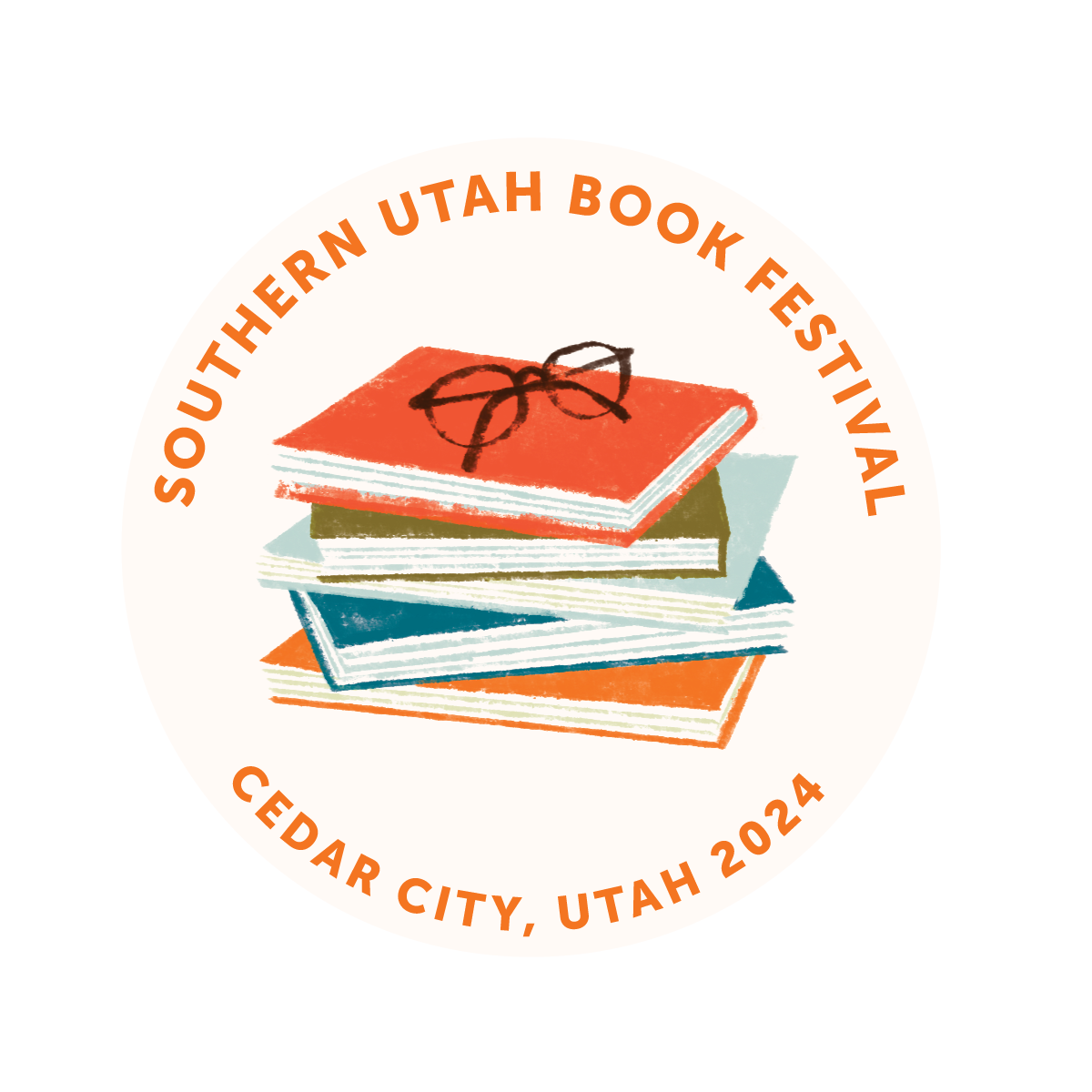 Illustration of a stack of five books with the title 'Southern Utah Book Festival' and event details including cedar city, utah, 2024.