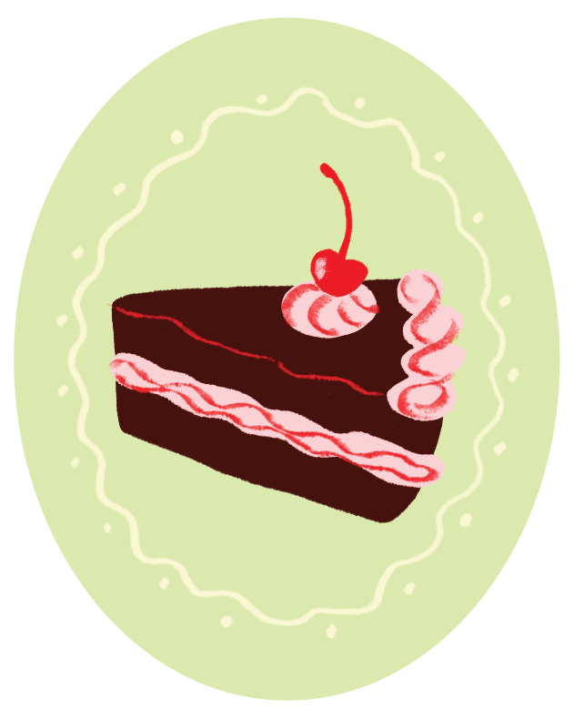 Illustration of a slice of chocolate cake with pink frosting, a cherry on top, and a background with decorative borders on a light green background.