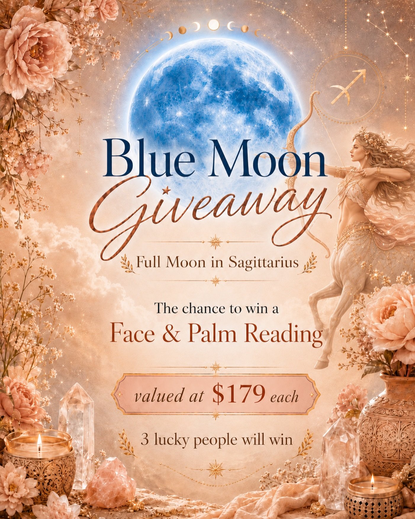 🌕✨ BLUE MOON GIVEAWAY ✨🌕
Beneath the rare and luminous energy of the Blue Moon in Sagittarius, I am opening a beautiful space for three souls to receive something deeply personal, intuitive and sacred.

It is time to slow down and receive under thi