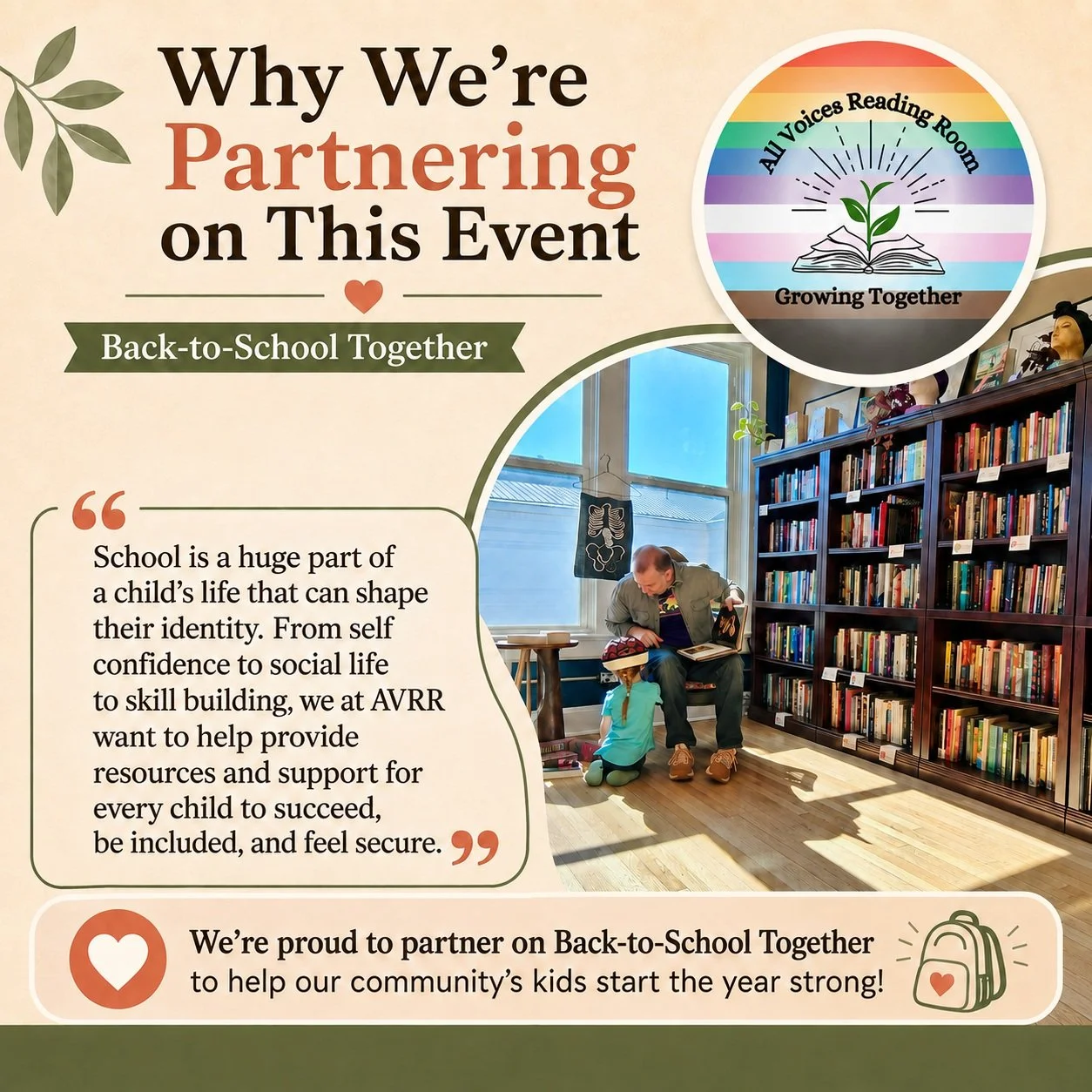 🎒💛 Why are we co-hosting Back-to-School Together?

&ldquo;School is a huge part of a child&rsquo;s life that can shape their identity.&rdquo;

All Voices Reading Room and Change Collective KY are partnering to help children feel supported, included