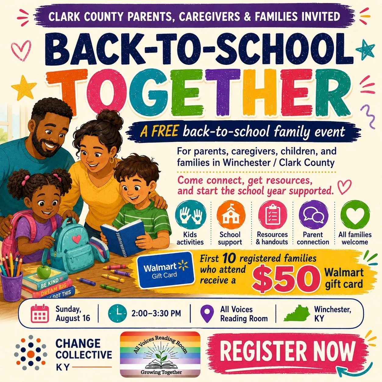 🎒 Clark County families &mdash; have you registered yet?

Join us for Back-to-School Together 💛
✨ Free family event
✨ Kids activities + school support
✨ Resources + parent connection
🎁 First 10 registered families who attend get a $50 Walmart gift