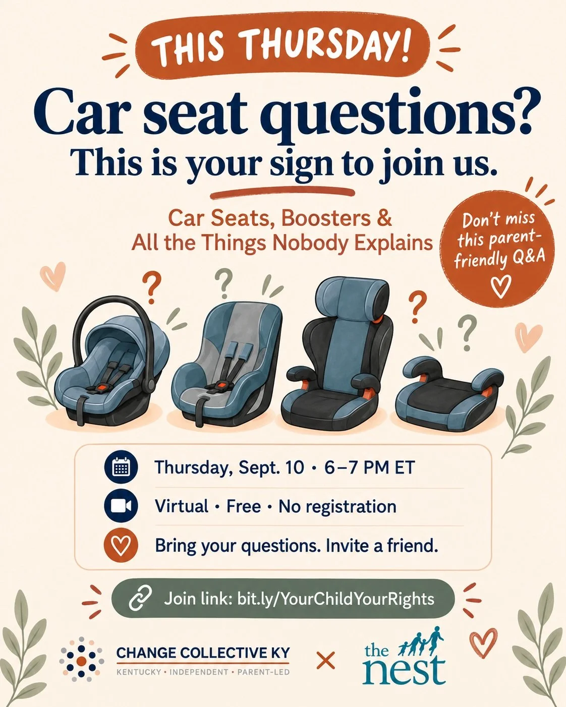 🚗✨ THIS THURSDAY!

Car seats can be so confusing.
If you&rsquo;ve ever wondered:

❓ Which seat does my child need?
❓ When do we switch to a booster?
❓ What actually matters most?

This is for you. 💛

Car Seats, Boosters &amp; All the Things Nobody 