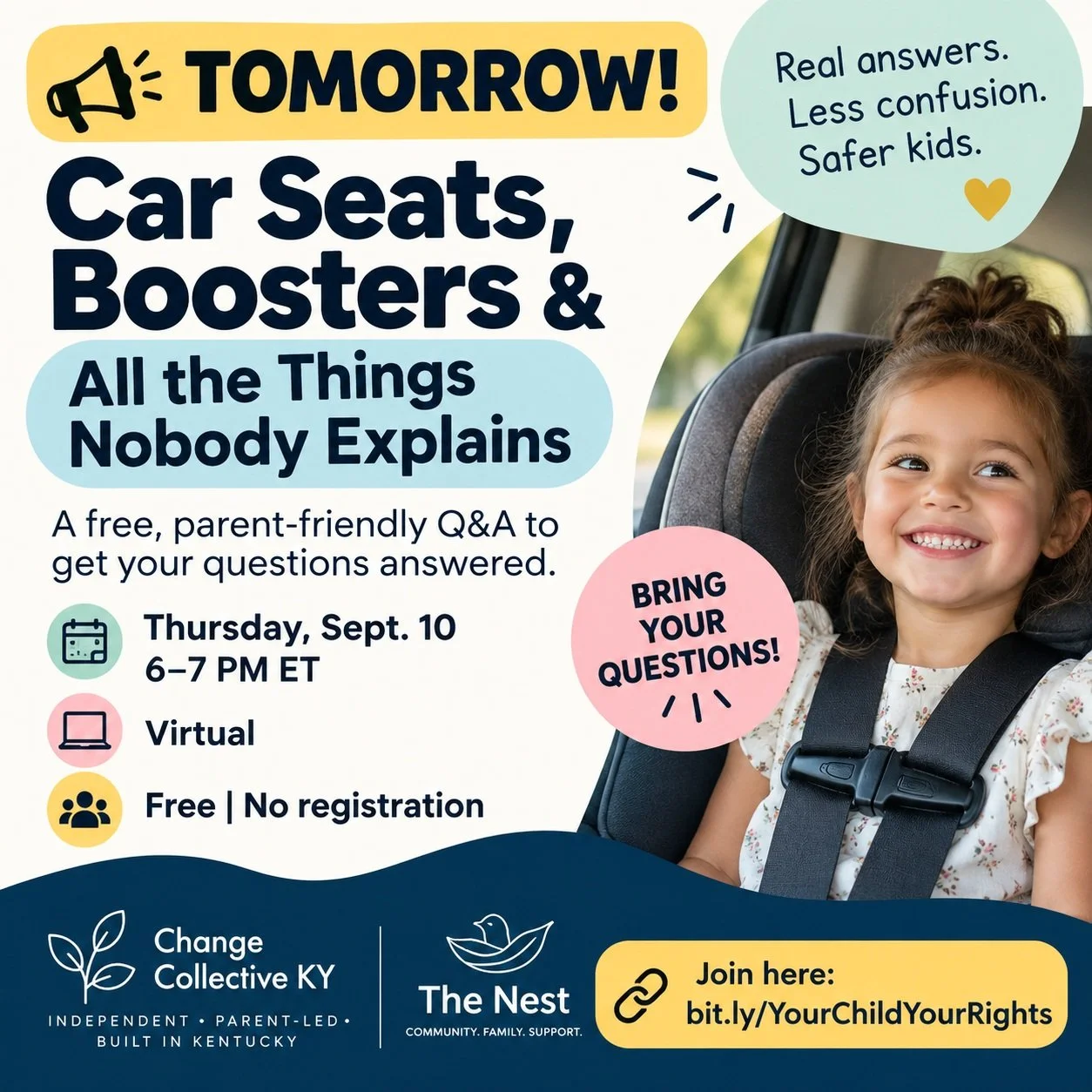 🚨 TOMORROW! 🚗💛

Car seats confusing? You are not the only one.

Come ask the questions nobody explains. 🙋&zwj;♀️

📅 Sept. 10
⏰ 6&ndash;7 PM ET
💻 Virtual
✨ FREE
✅ No registration
👯 Bring a friend

🔗 bit.ly/YourChildYourRights

Real answers. Le