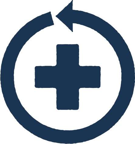 A blue circular icon with a pause symbol and a medical cross in the center.