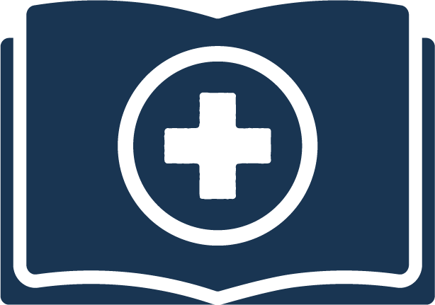 Illustration of an open book with a medical cross inside a circle on the page.