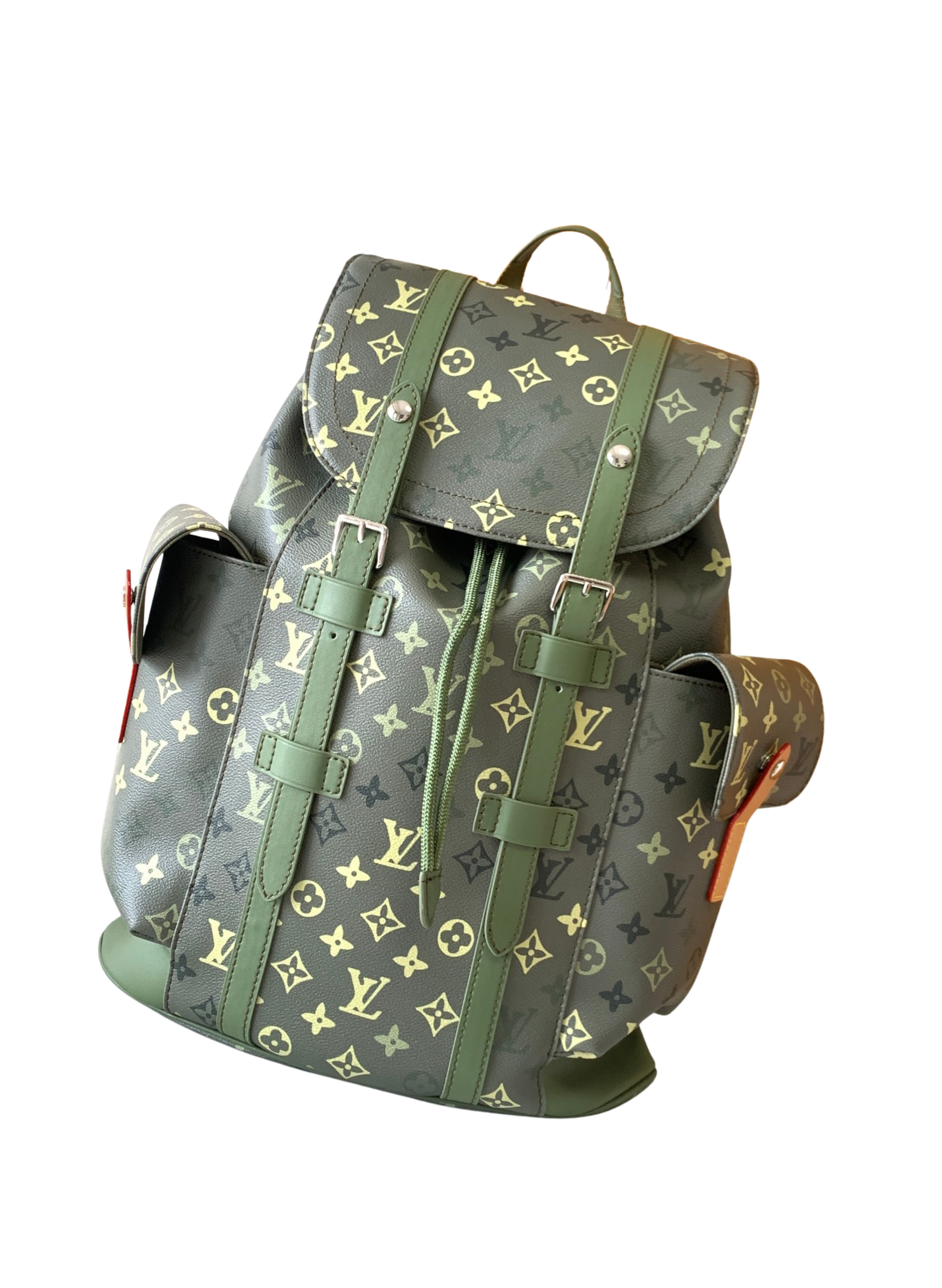 A Louis Vuitton backpack with the brand's signature monogram pattern in beige and green straps on a black background.