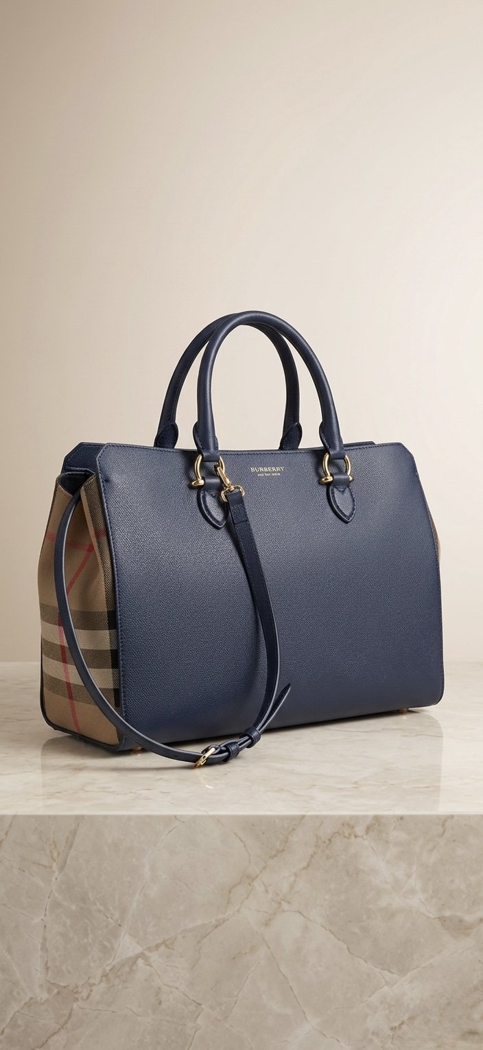 A navy blue Burberry handbag with beige and red checkered side panels, resting on a beige marble surface against a plain beige wall.