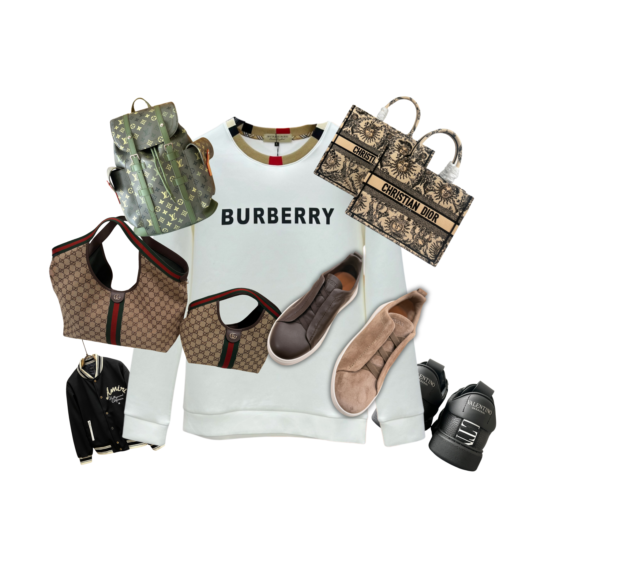 Collection of designer fashion items including a white Burberry sweatshirt, Gucci bags, Christian Dior tote, Valentino shoes, black jacket, and various sneakers.