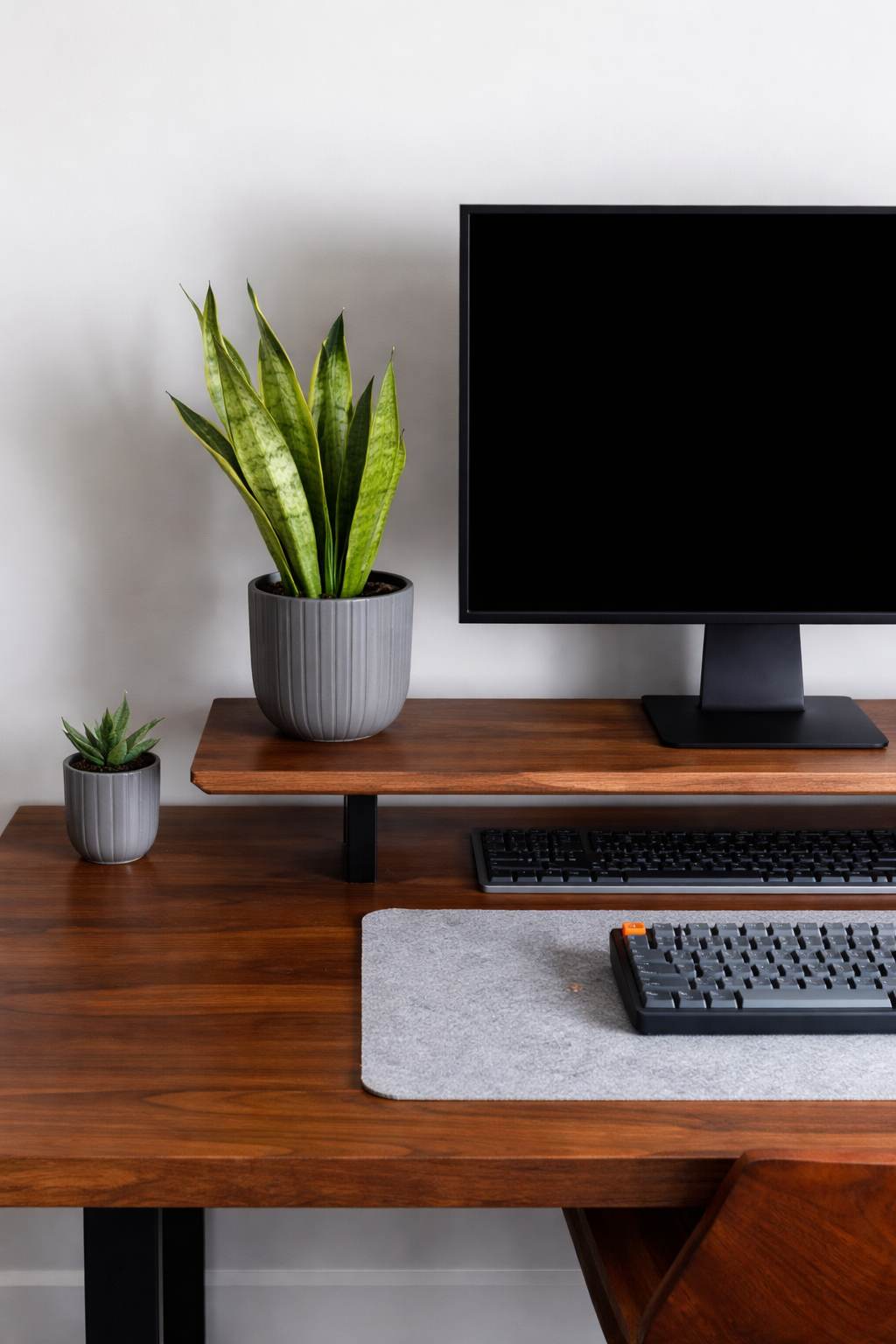 A minimalist workspace with a wooden desk, two potted plants, a monitor, a keyboard, and a mouse pad.